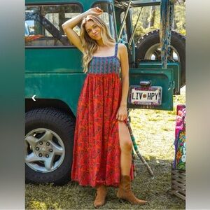 Natural Life | Patti Side Slit Maxi Dress Red Orange Mixed Print Boho New Medium